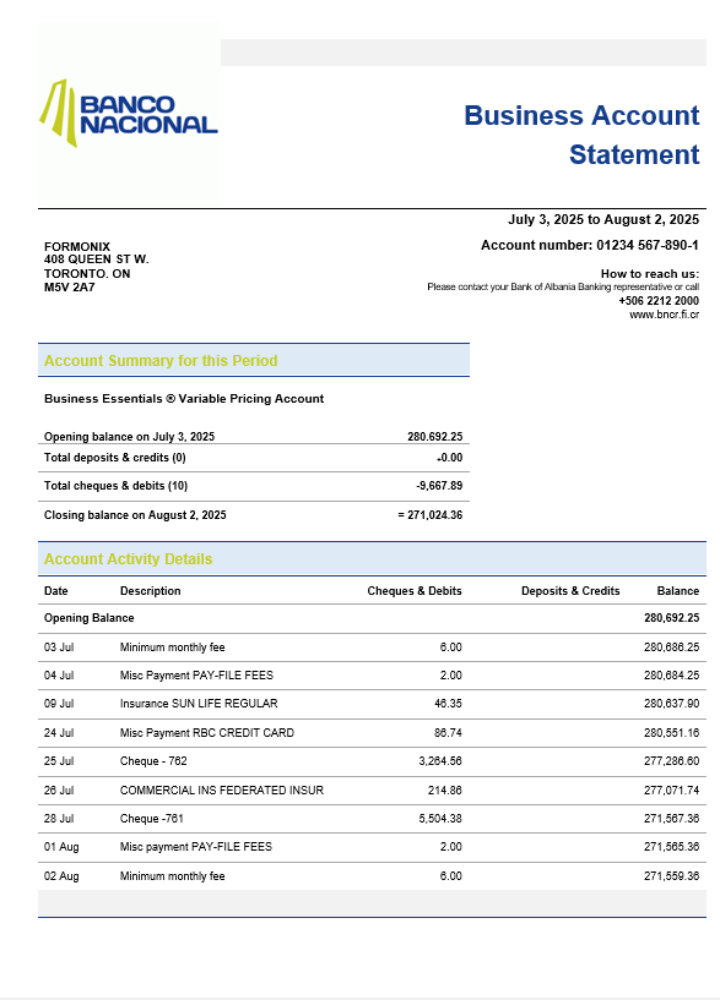 Costa Rican Banco Nacional de Costa Rican business bank  company account statement Word and PDF format